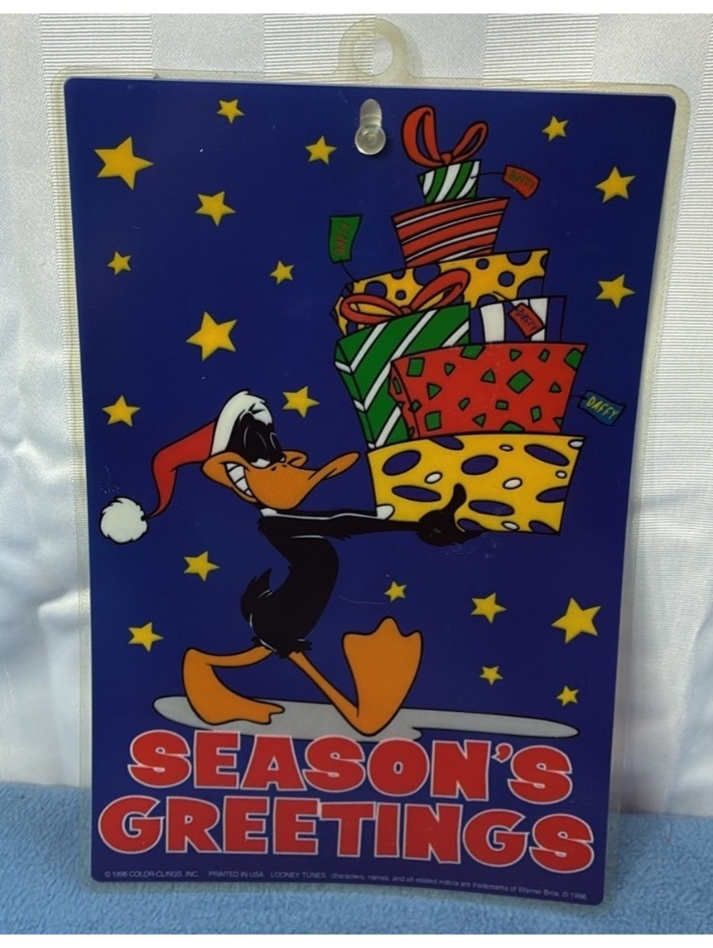 Vintage 1996 Looney Tunes Daffy Duck Christmas Window Cling Sign